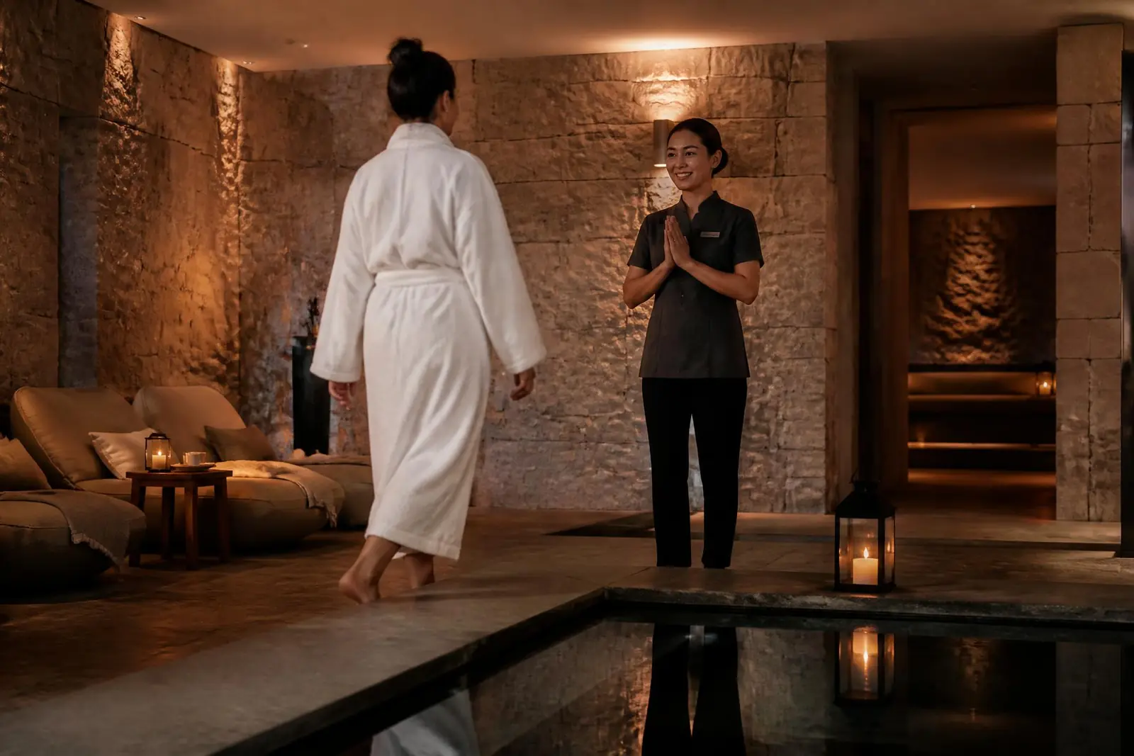 Spa scenting in a serene reception with natural materials and soft light