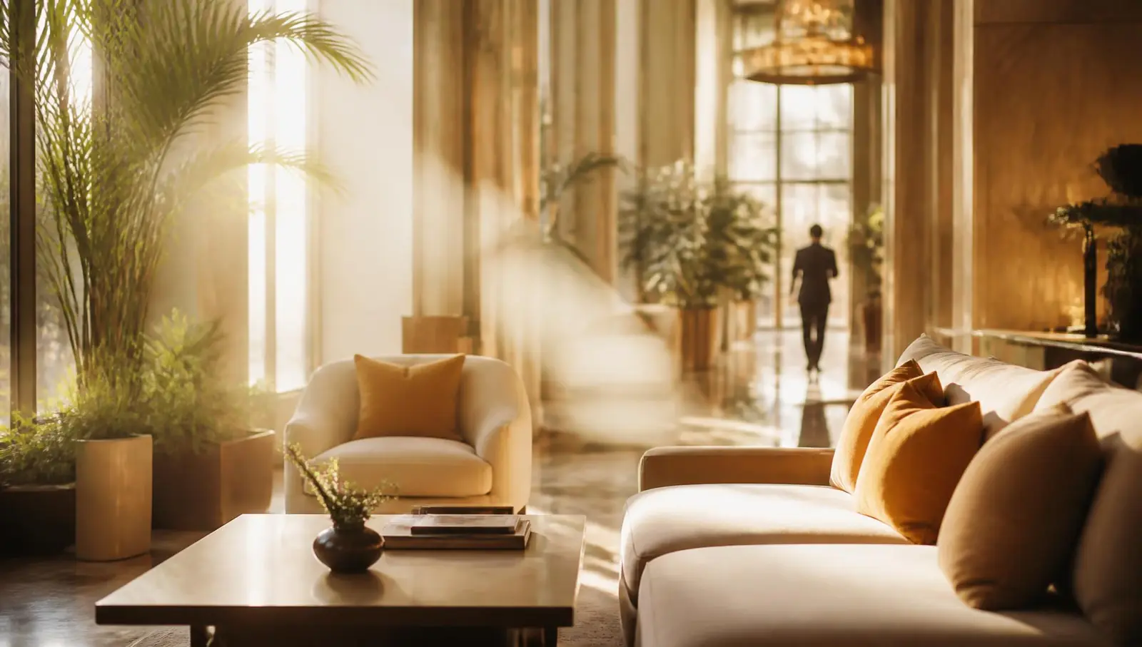 Warm sunlit hotel lobby with subtle ambient scent diffusion, illustrating the power of scent in commercial spaces